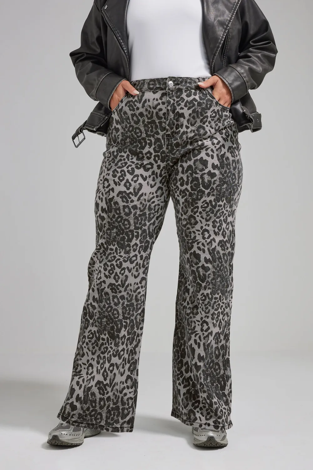 LIMITED COLLECTION Curve Grey Leopard Print Wide Leg Jeans