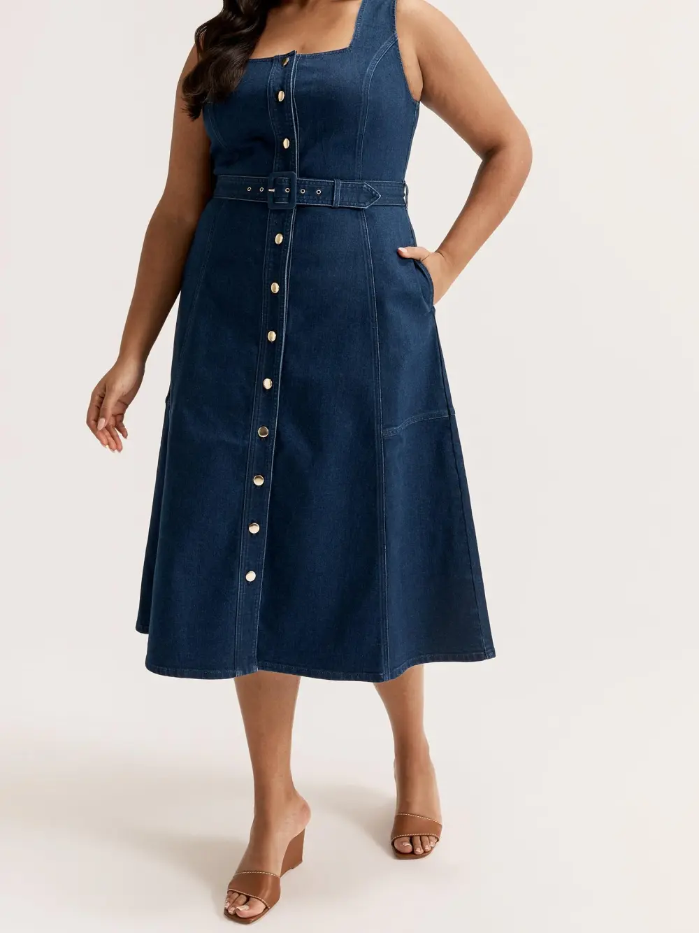 Square Neck Denim Midi Dresses