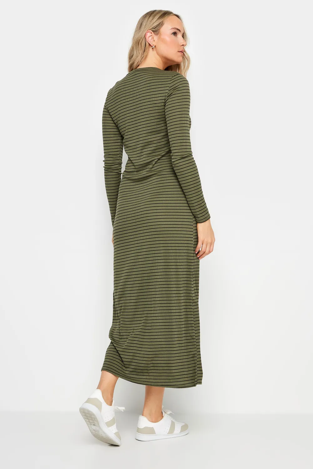 LTS Tall Khaki Green & Black Stripe Ribbed Midi Dress