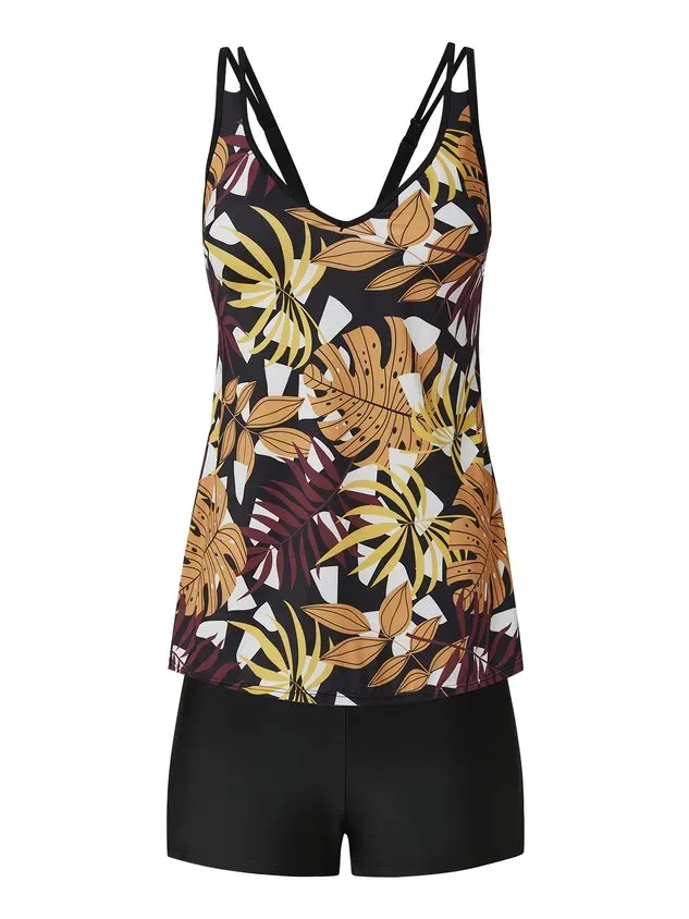 Vacation Floral Printing V neck Swimdress Two-Piece Set