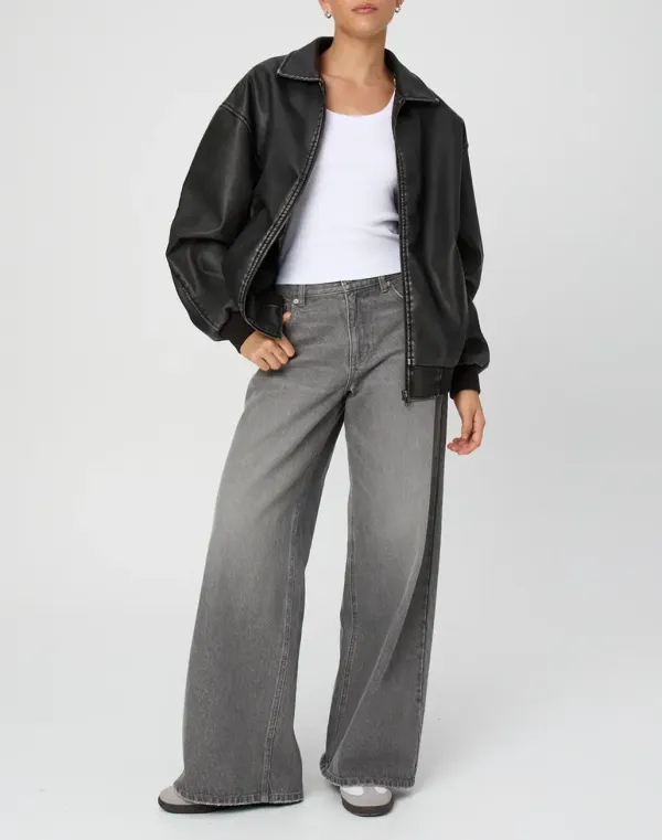 Black Cool Faux Leather Bomber Jacket