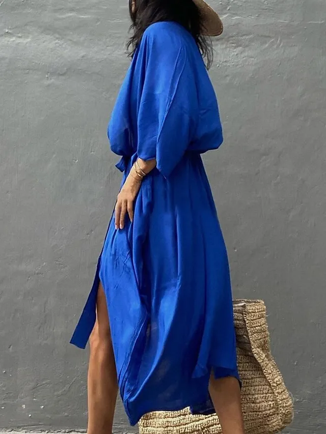 Women's Swimwear Cover Up Beach Top Normal Swimsuit Lace up Pleated UV Protection Pure Color Black White Red Royal Blue Beige V Wire Bathing Suits New Vacation Holiday