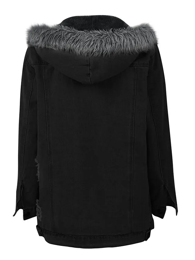 Women's Denim Jacket Hoodie Jacket Daily Fall Winter Regular Coat Loose Fit Streetwear Jacket Long Sleeve Pocket Black Blue Grey