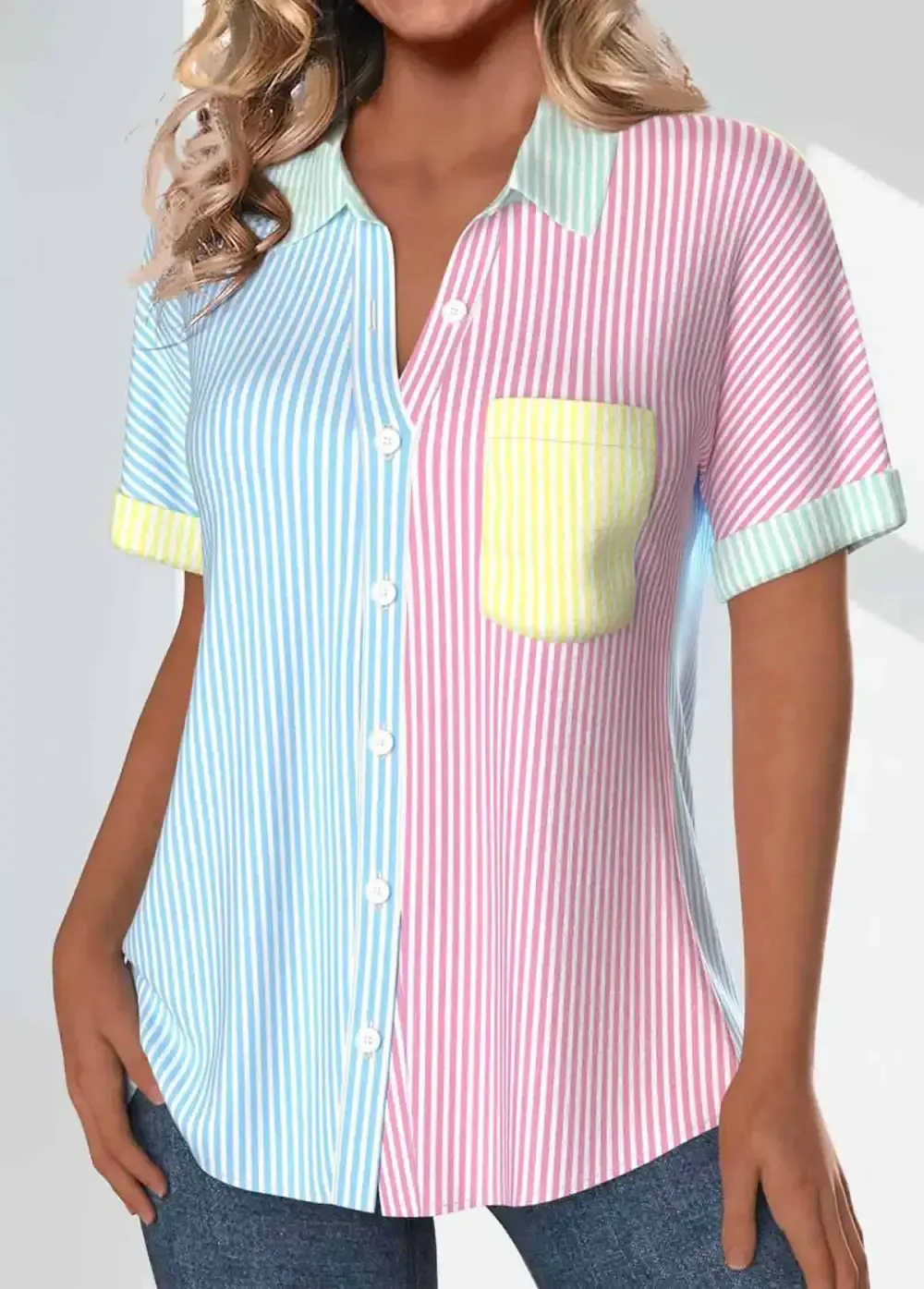 Rainbow Color Patchwork Striped Short Sleeve Shirt Collar Blouse