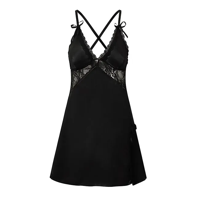 Women's Pajamas Nightgown Dress Pjs Patchwork Fashion Comfort Soft Home Christmas Daily Satin V Wire Sleeveless Hole Summer Spring Black Wine