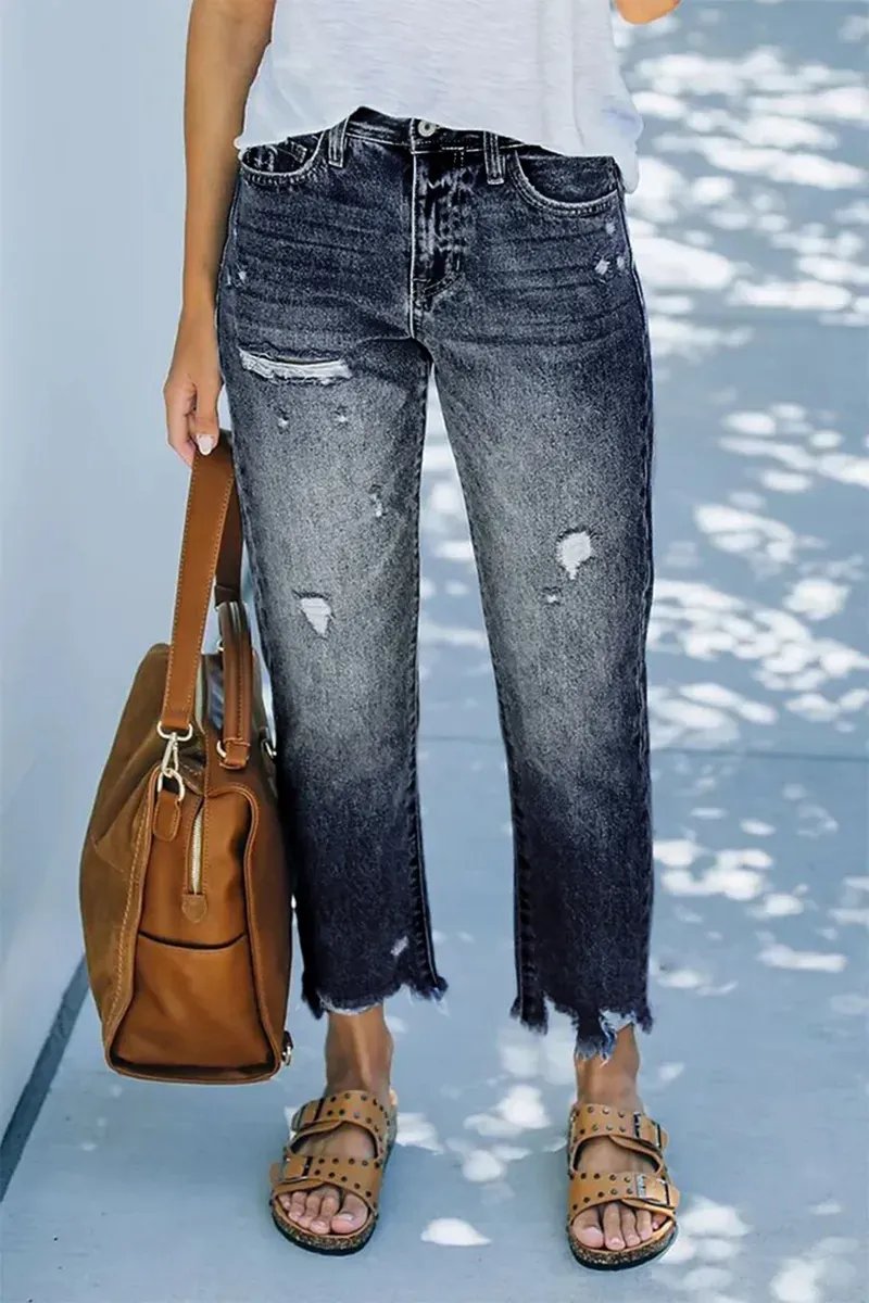 Ripped Raw Hem Zip Fly Mid Rise Straight Leg Jeans