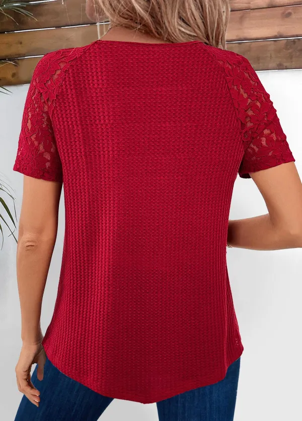 Wine Red Lace Short Sleeve V Neck T Shirt