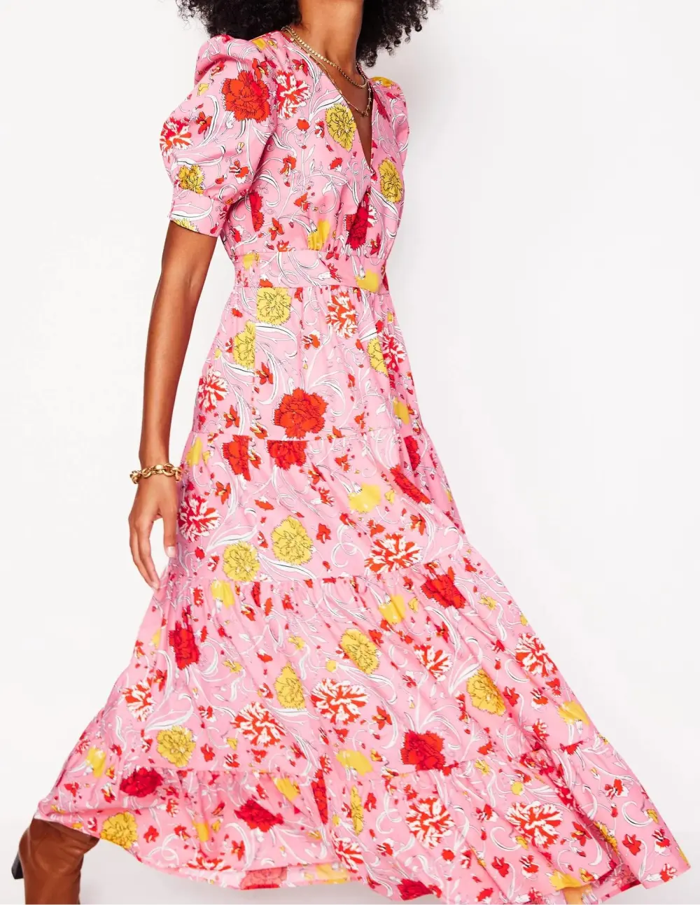 Pink and Yellow Floral Puff - Sleeve Maxi Dress