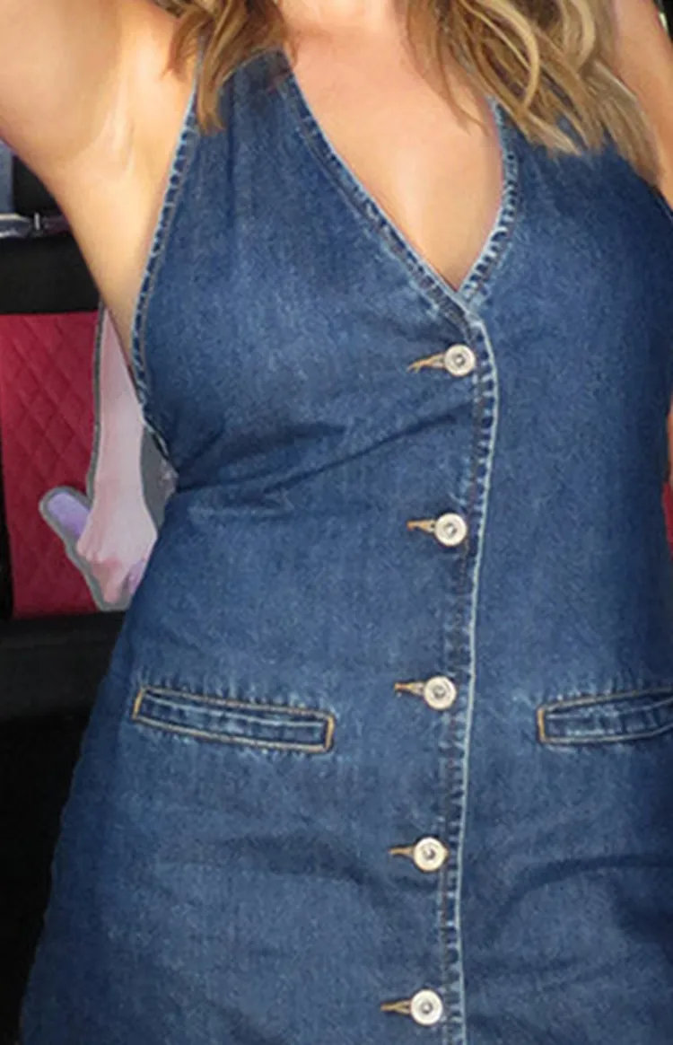 Denim Halter Neck Button Front Mini Dress