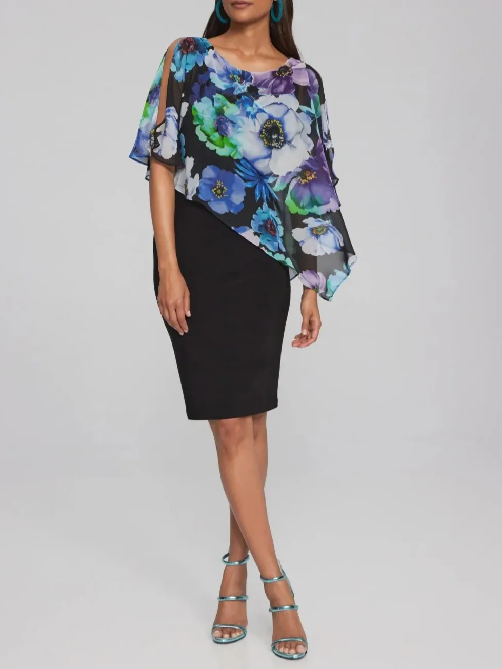 Black Multi - Floral Cape - Sleeve Dress