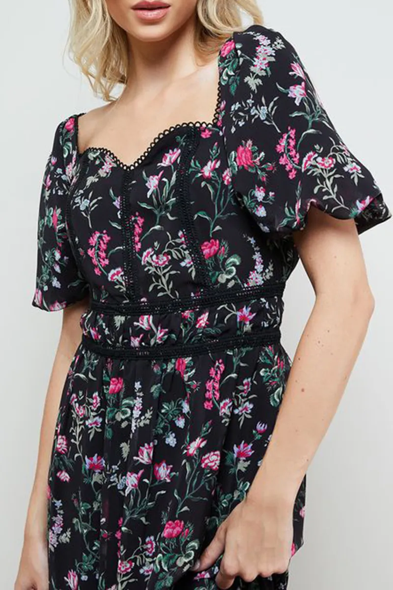 Daily Lace Trim Puff Sleeve Dress