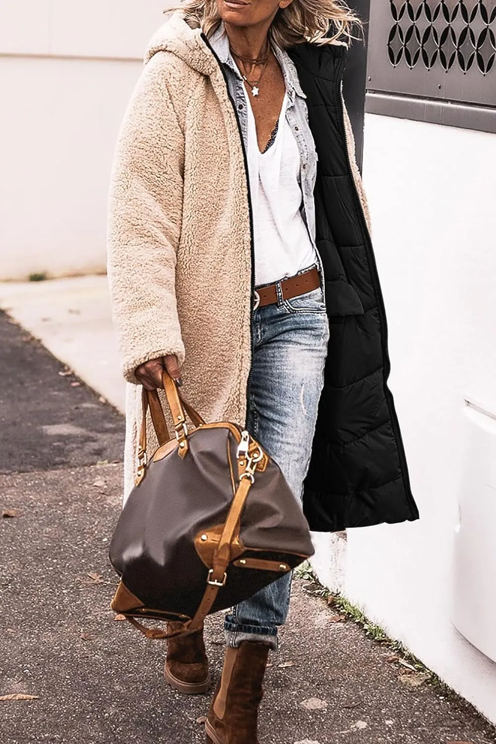 Women's 2023 Warm Winter Coats Reversible Sherpa Fleece Long Hooded Puffer Jackets Outerwear