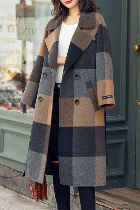 Colorblock Faux Woolen Long Coat