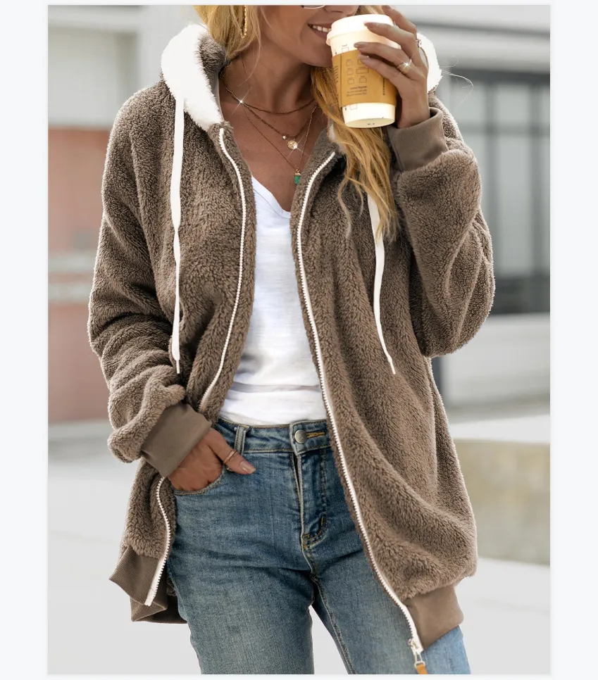 Plush Drawstring Hooded Zip Coat