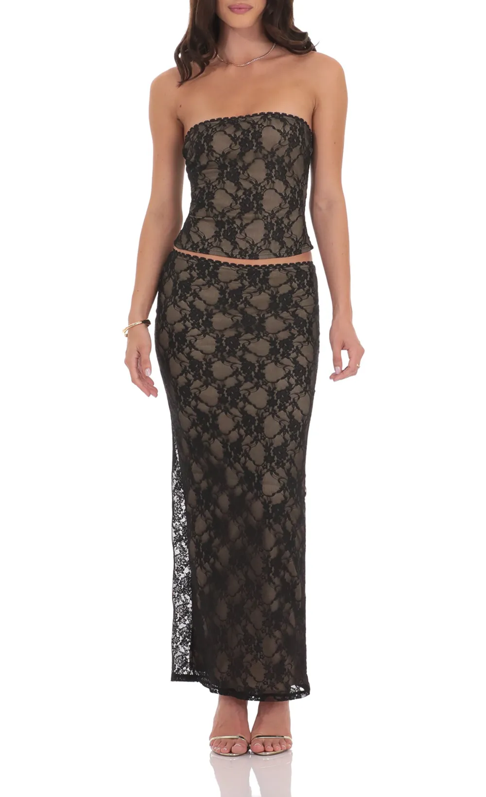 Lace Strapless Two Piece Set in Black