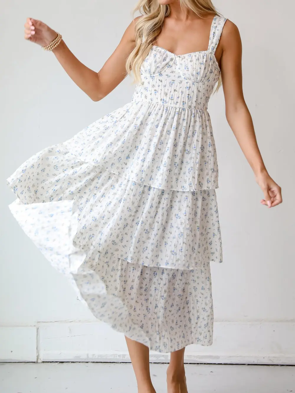 Caught Your Interest Ivory Floral Tiered Midi Dress