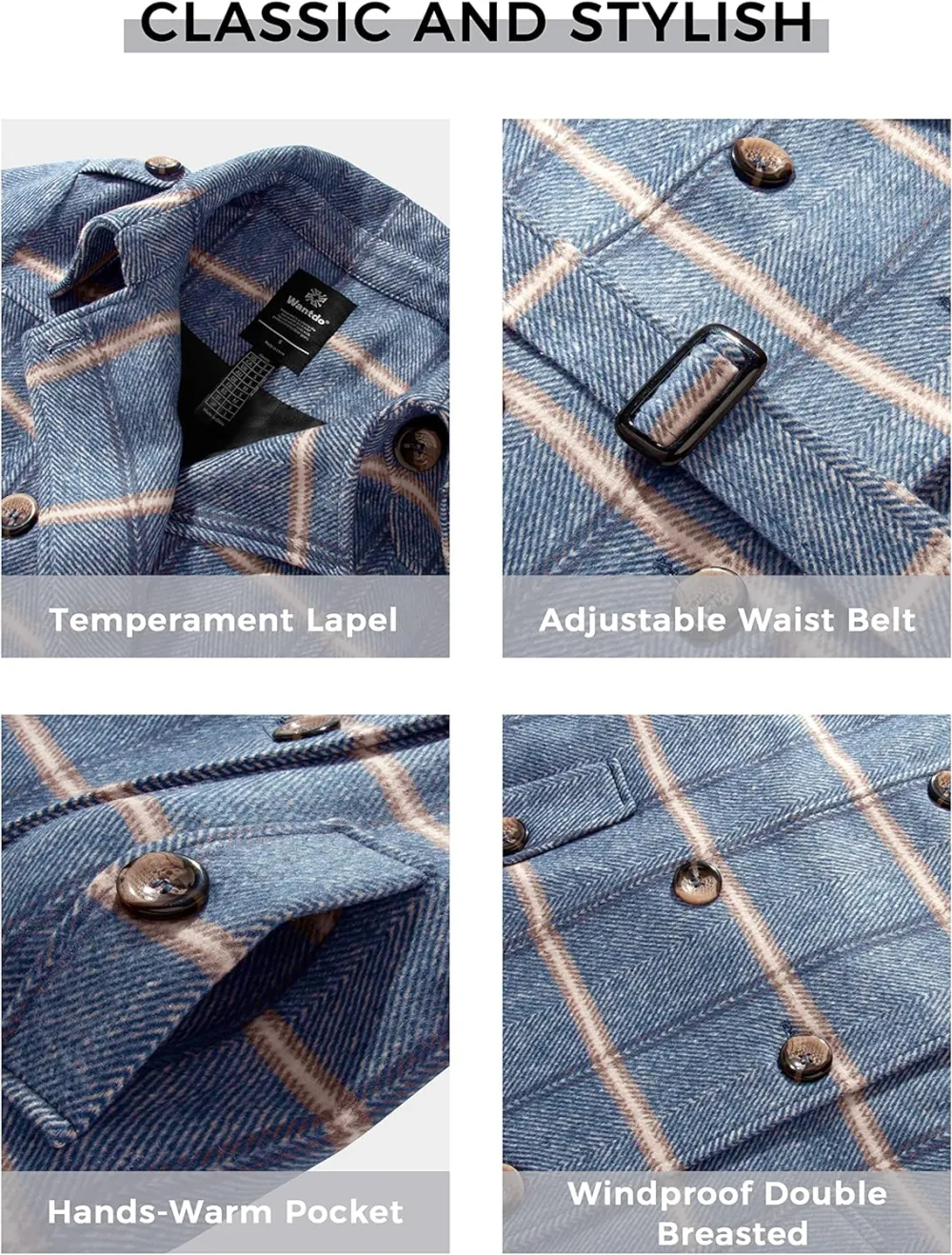 Women's Double Breasted Pea Coat Winter Mid-Long Trench Coat with Belt