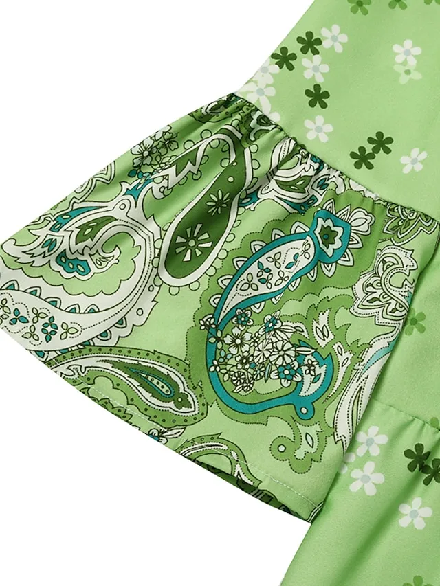 Women‘s Shift Dress Boho Dress Knee Length Dress Pink Long Sleeve Floral Ruffle Smocked Print Summer Spring V Neck Boho Casual Flare Cuff Sleeve 2023 4XL