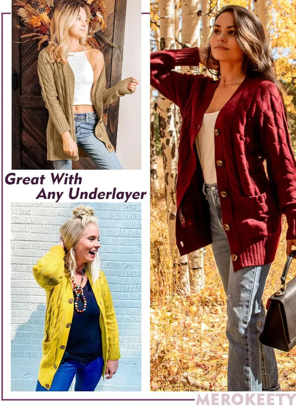 MEROKEETY Women's 2024 Fall Long Sleeve Cable Knit Sweater Open Front Cardigan Button Loose Outerwear