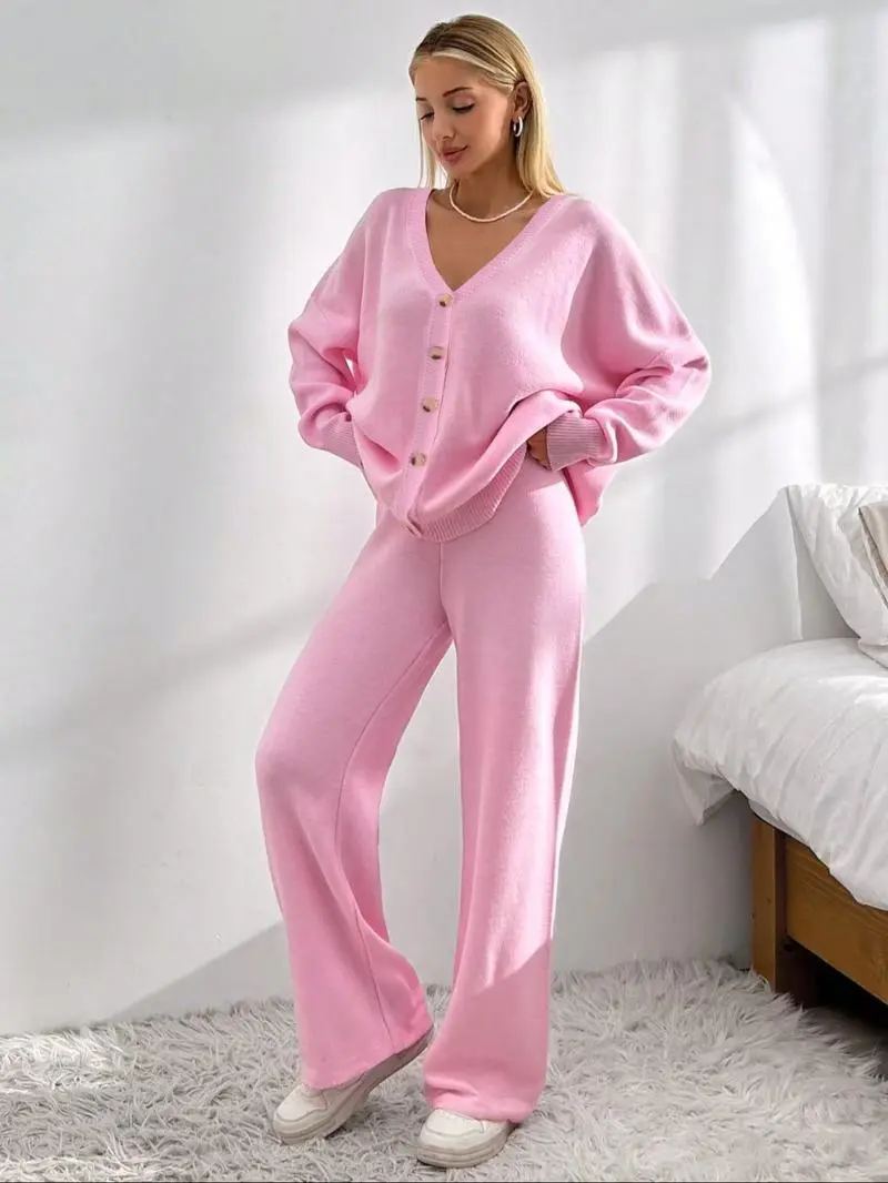 Women's Solid Color Off-Shoulder V-Neck Cardigan & Wide-Leg Pants 2-Piece Loungewear Set