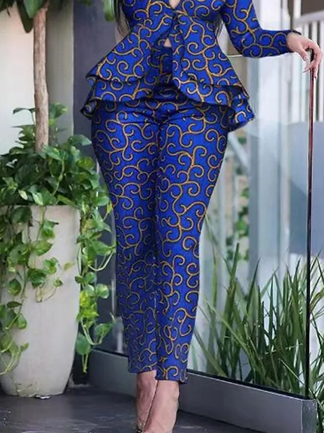 Women's Suits Office Daily Vacation Spring Fall Regular Coat Regular Fit Thermal Warm Breathable Stylish Modern Style Casual Jacket Long Sleeve Floral Ruffle Print Blue