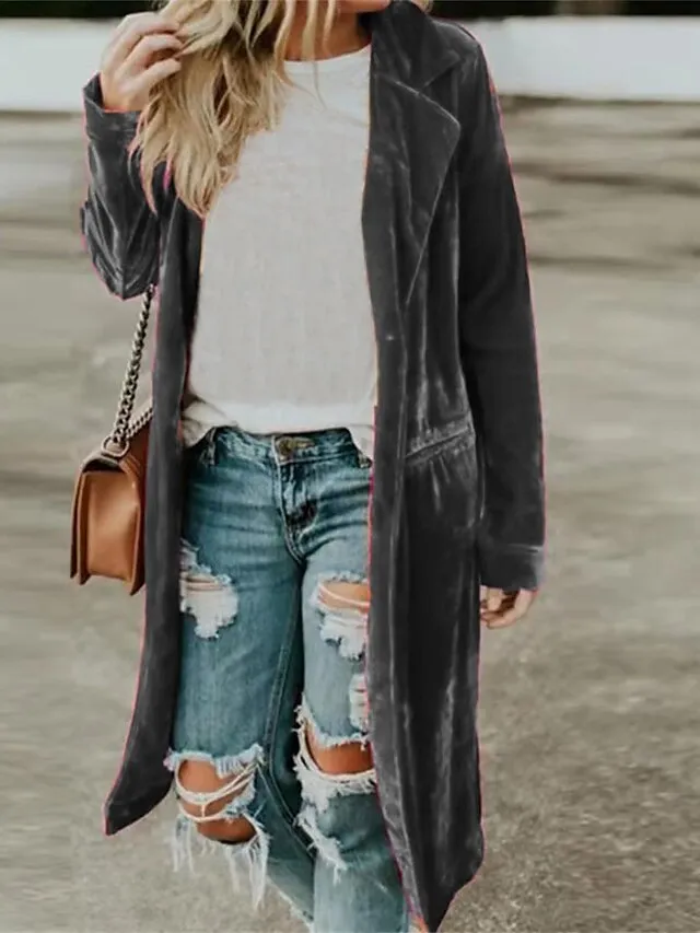 Women's Velvet Trench Coat Christmas Party Long Overcoat Winter Open Front Lapel Pea Coat Windproof Warm Street Xmas Jacket Long Sleeve with Pockets Dark Grey Black Yellow