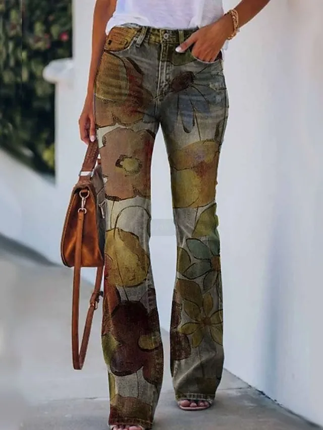 Women's Jeans Bootcut Flare Full Length Faux Denim Side Pockets Wide Leg High Elasticity Mid Waist Fashion Casual Weekend 31803 31806 S M