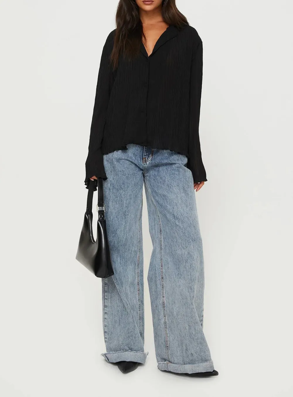 Black Textured Wrap Front Shirt