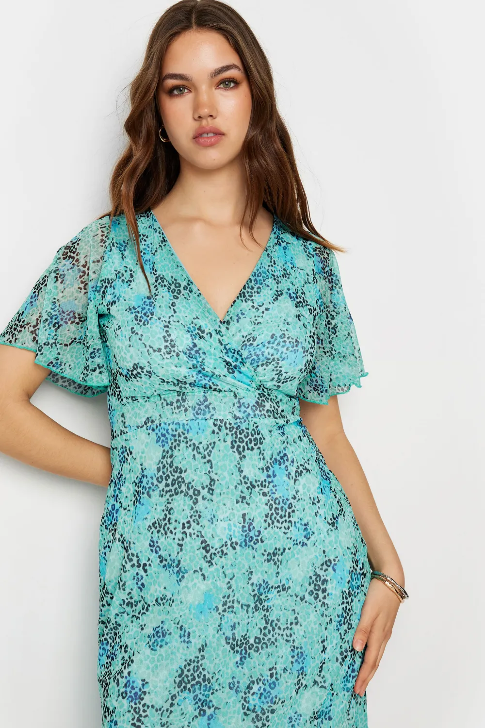 LTS Tall Blue Leopard Print Mesh Midaxi Wrap Dress