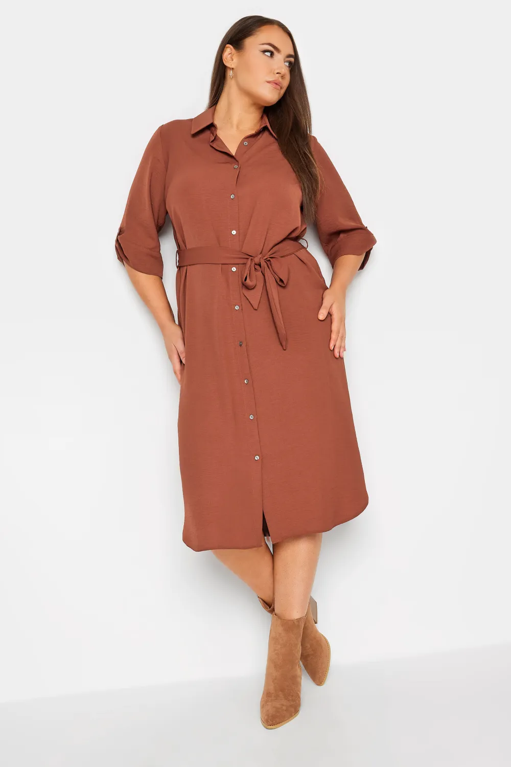 YOURS Curve Brown Midi Shirt Dress