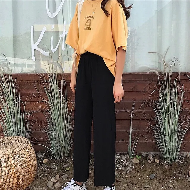 Women's Dress Pants Wide Leg Chinos Ankle-Length Baggy Micro-elastic Mid Waist Fashion Streetwear Daily Weekend Black S M Summer Spring &  Fall