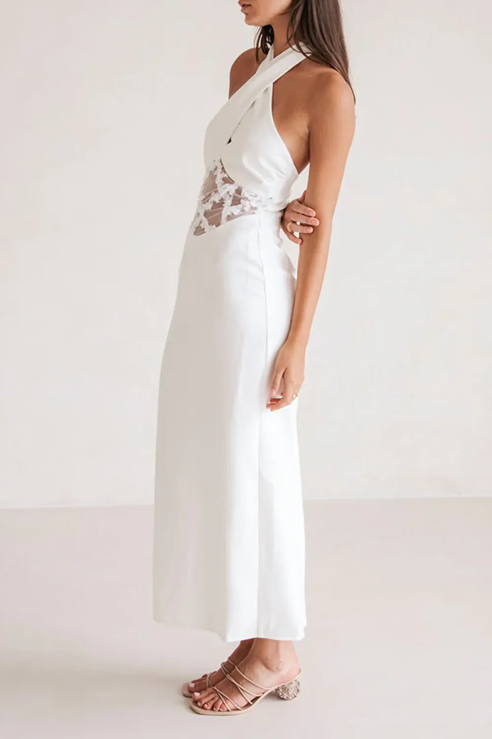 Halter Neck Mesh Insert Midi Dress