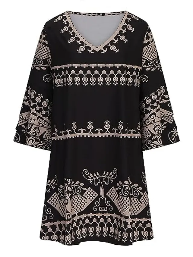 Women's Casual Dress T Shirt Dress Tee Dress Mini Dress Black 3/4 Length Sleeve Animal Ruched Summer Spring V Neck Fashion Vacation Fall Dress Summer Dress 2023 S M L XL 2XL 3XL