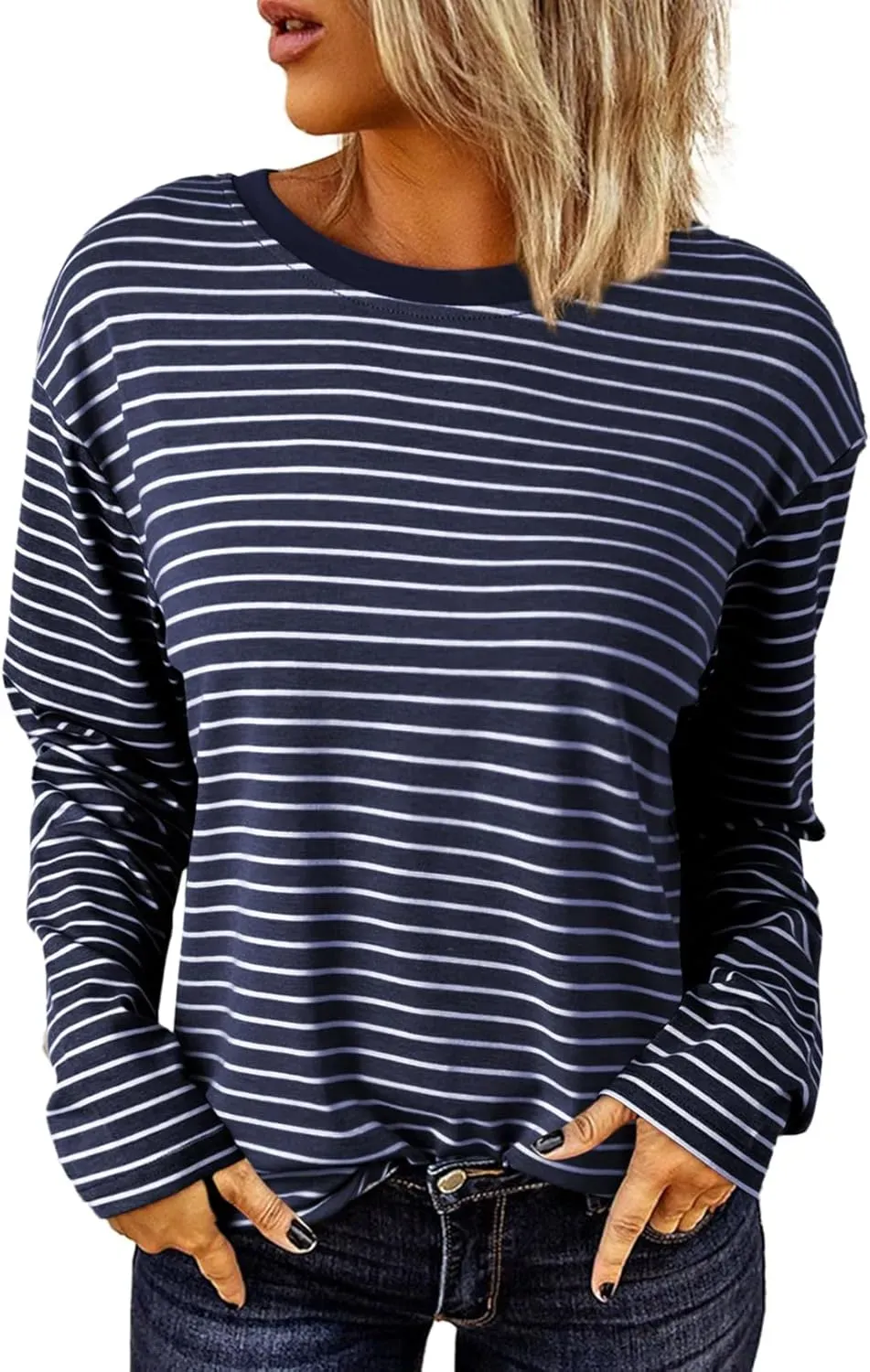 Dokotoo Women's Casual Striped Long Sleeve Tops Crew Neck Knit Ribbed Basic T Shirts