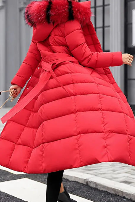 Hooded Fur Collar Belt Plain Coat