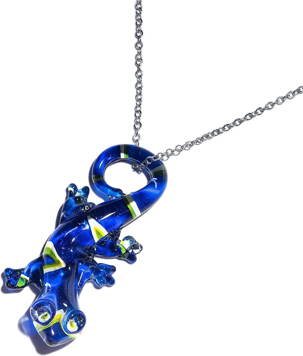 Handmade Large Blue Lizard Art Glass Blown Animal Figurine Pendant Necklace Jewelry