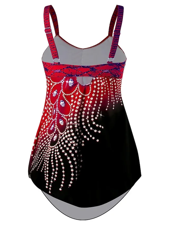 Women's Swimwear Swim Dress 2 Piece Plus Size Swimsuit for Big Busts Print Leaf Yellow Red Blue Rose Red Bathing Suits New Vacation Sporty