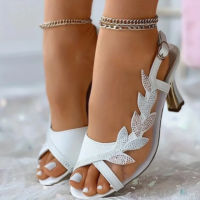 Women's Sandals Block Heel Sandals Velvet Boots Heel Sandals Wedding Daily Summer Rhinestone High Heel Open Toe Elegant Casual Faux Leather Ankle Strap Solid Color White Pink