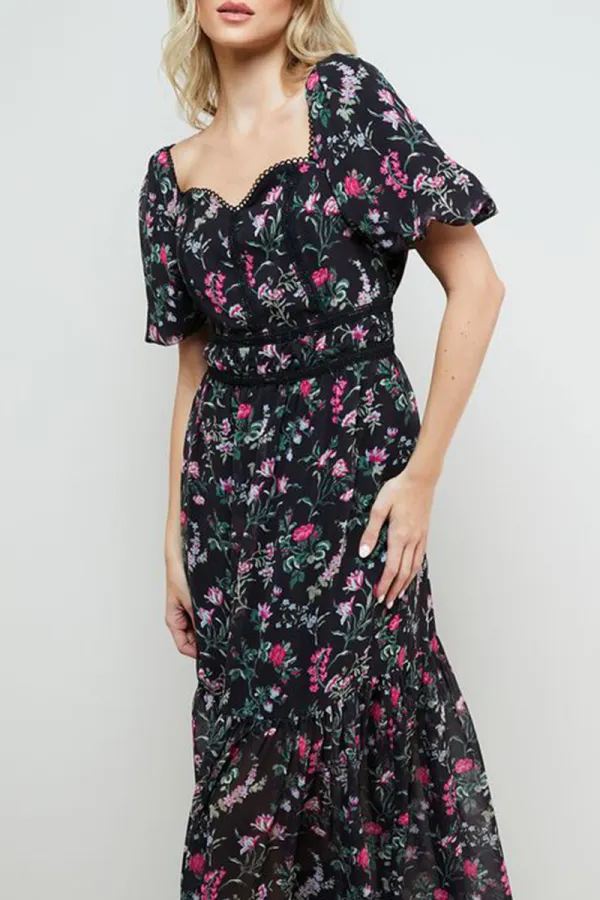 Daily Lace Trim Puff Sleeve Dress