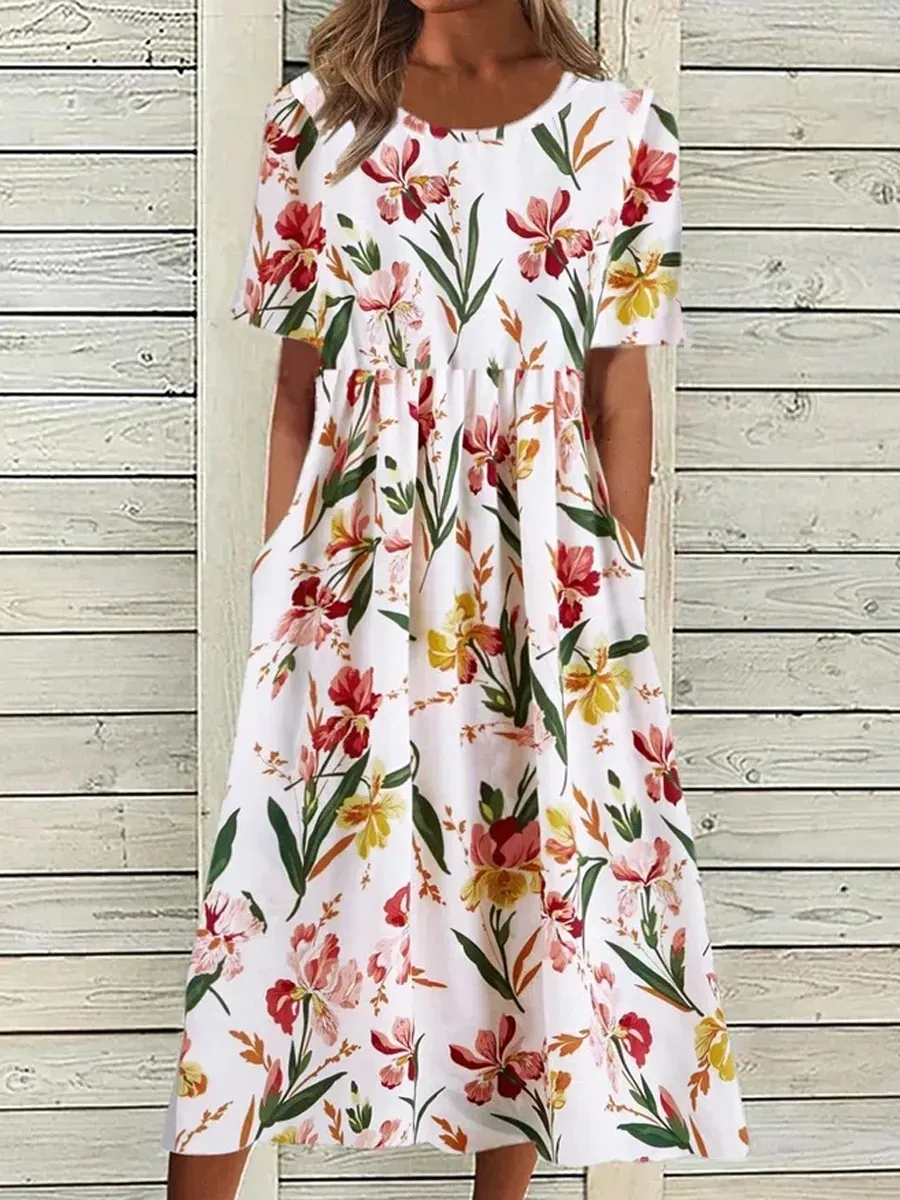 Casual Floral Print Crew Neck Pocket Short Sleeve Midi Dress