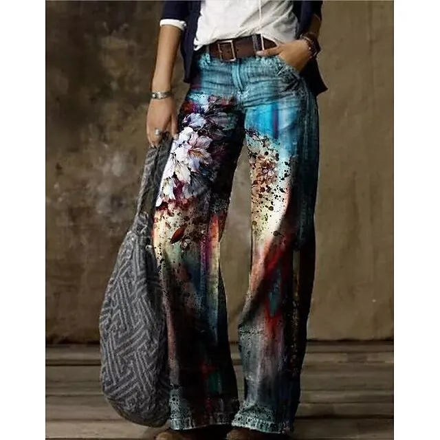 Women's Jeans Bootcut Wide Leg Full Length Faux Denim Side Pockets Wide Leg High Elasticity Mid Waist Fashion Casual Weekend 1 2 S M