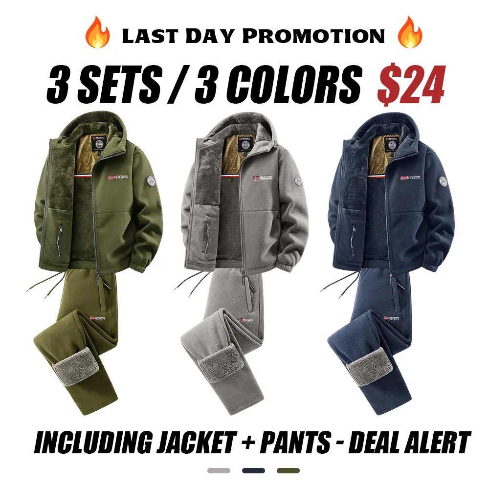 Men'S Outdoor Heavyweight Fleece Jacket&Men's Winter Outdoor Sports Fleece Pants-2 price set - Double-Sided Warm Hooded Coat With Full Zip, Multi Pockets & Machine Washable Polyester For Camping Hiking Casual Wear