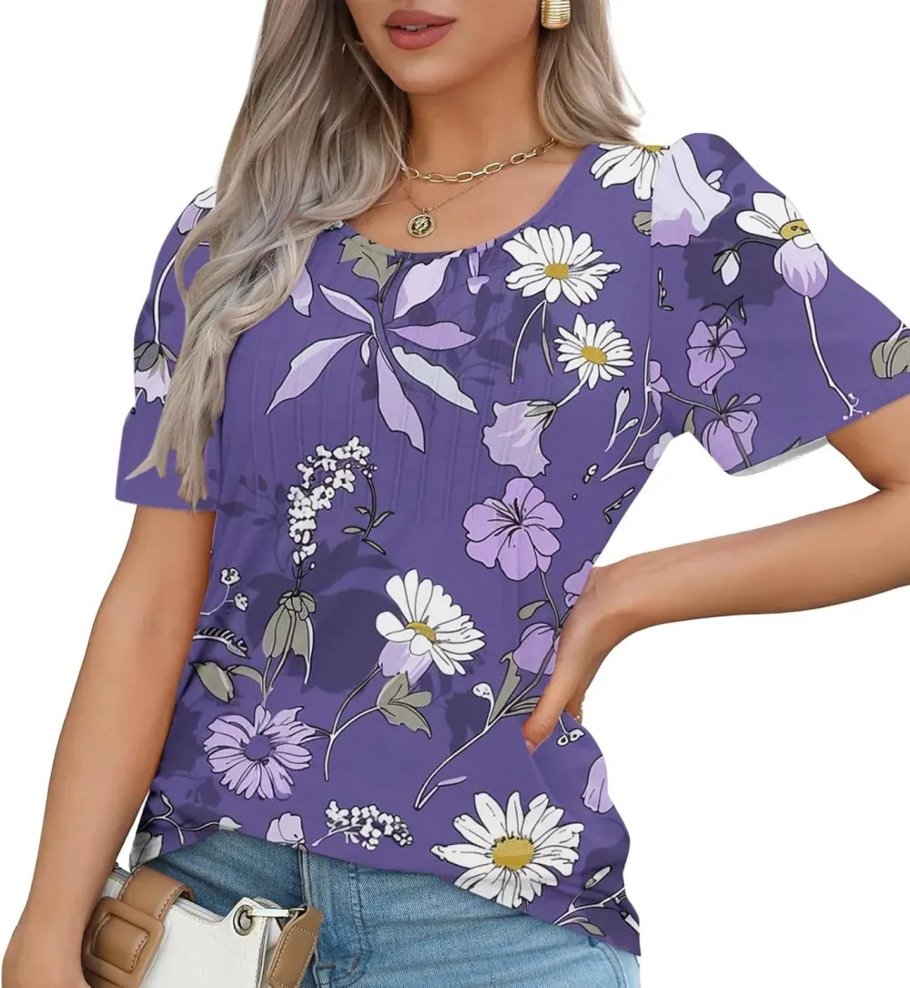 Womens Summer Pleated Front Shirts Tunics Casual Short Sleeved Loose Round Neck Boho Printed Tops Vacation Blouse