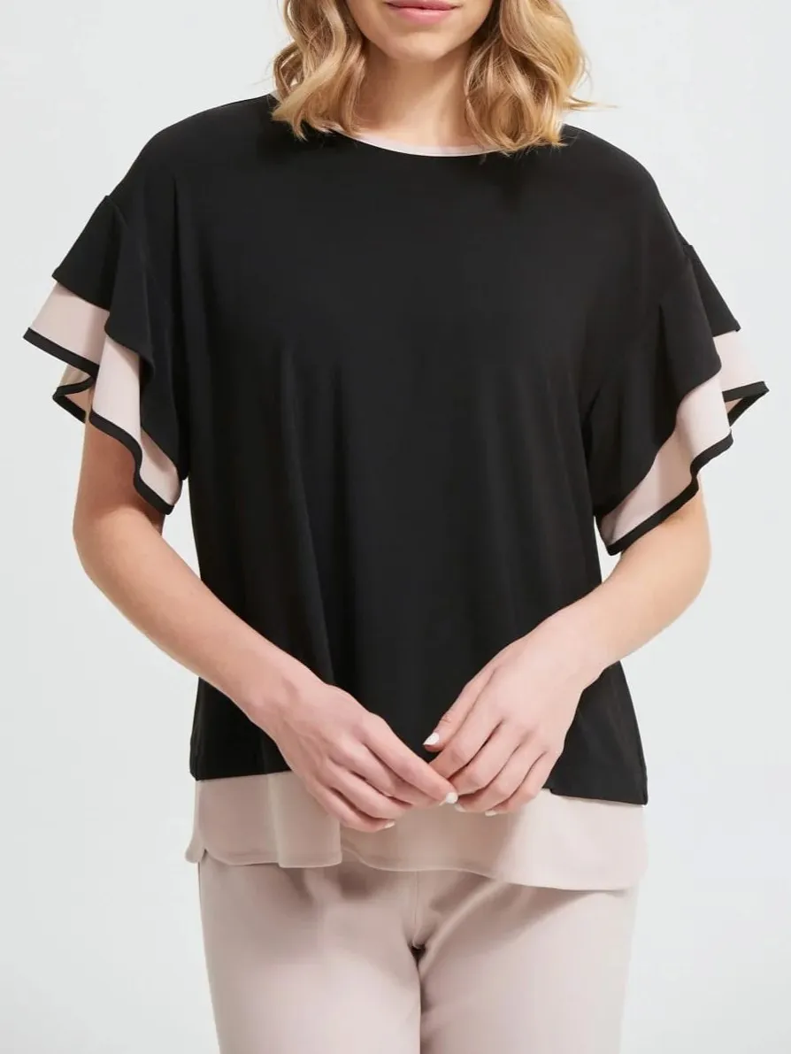 Black and Sand Ruffled Short - Sleeve Top