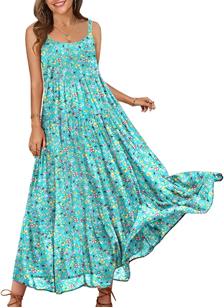 Summer Dresses for Women Casual Loose Bohemian Floral Dress with Pockets Spaghetti Strap Maxi Dress E75