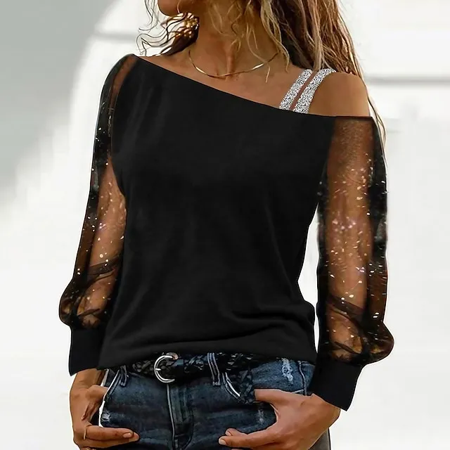 women‘s fashion clothing casual diagonal neck long sleeve top women sexy off shoulder loose t-shirt plus size