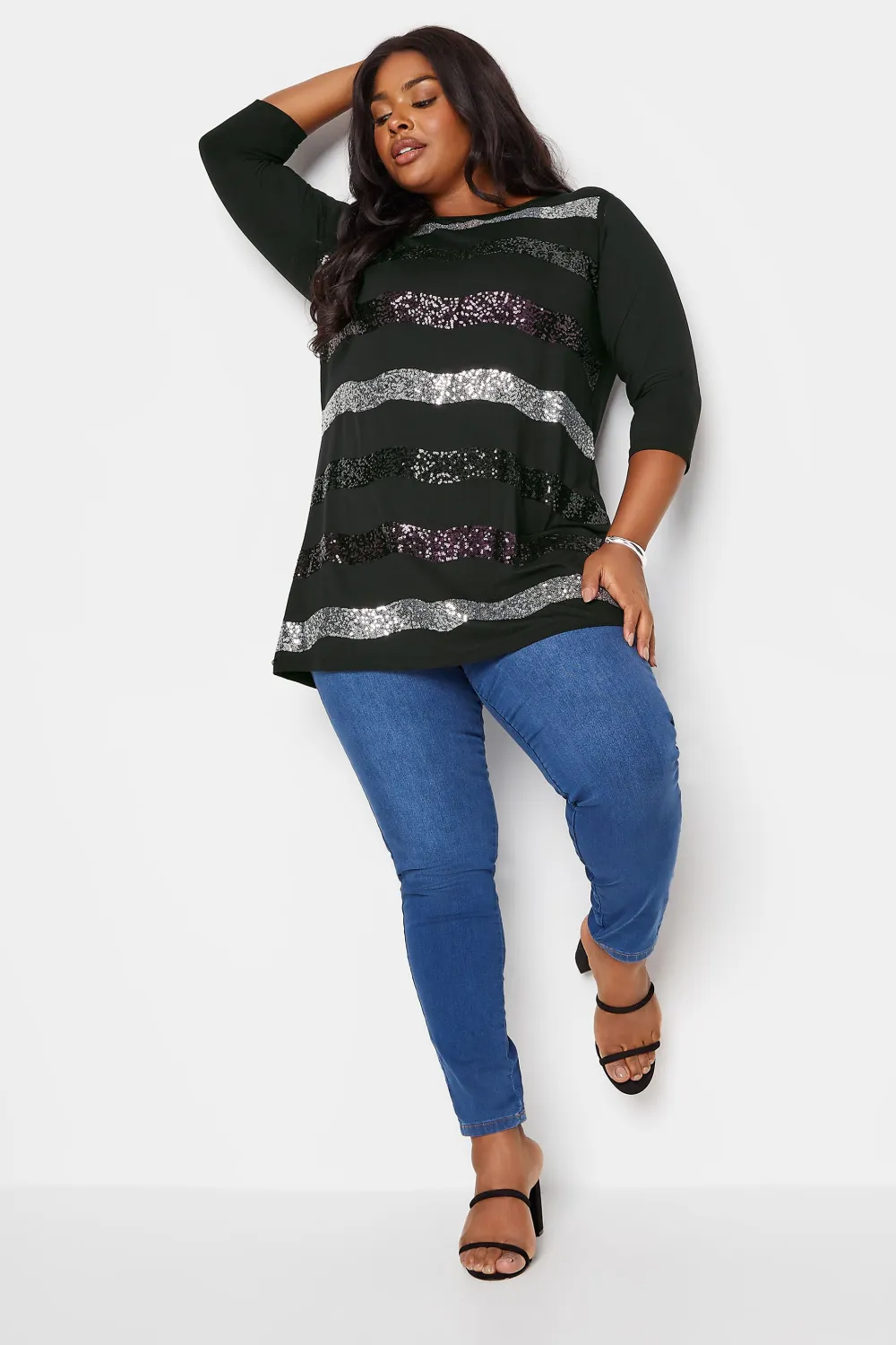 YOURS Curve Black Stripe Sequin Embellished Top