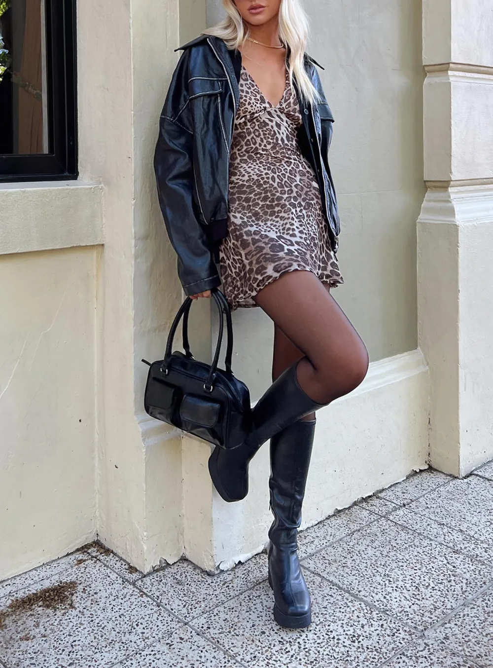 Brown Faux Leather Bomber Jacket