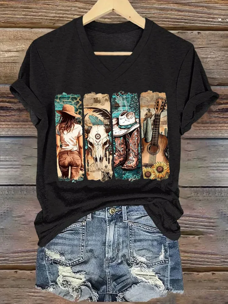 Patterned Printed V-Neck Short-Sleeved T-Shirt