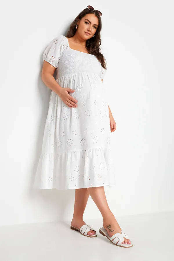 BUMP IT UP MATERNITY Curve White Cotton Broderie Midi Dress